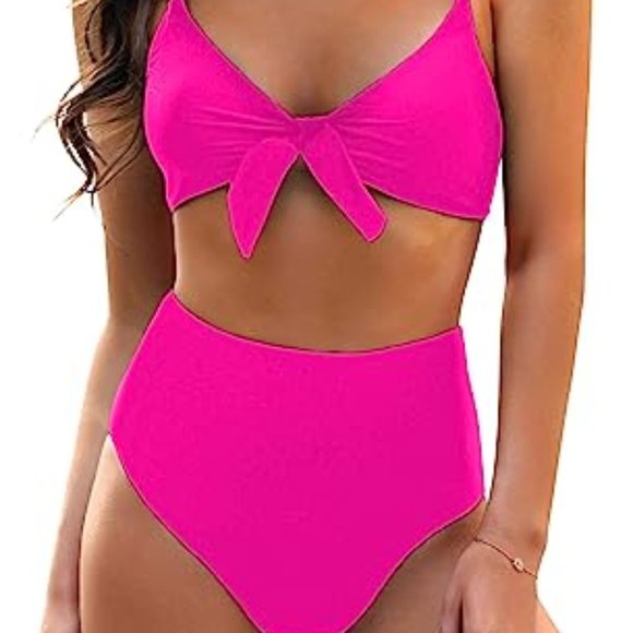 Blooming Jelly Pink Women's Tie Knot Bikini Set High Waist Two Piece Swimsuit- M - Picture 1 of 7